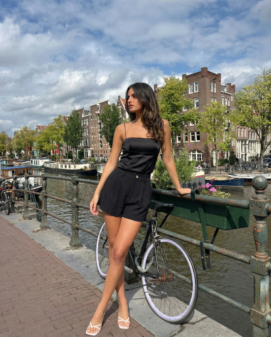 Thea | High Waisted Pleated Shorts Black Tailored