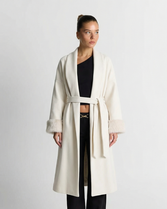 Cora | Elegant Long Faux Fur Coat Cream Belted Cuff Detail