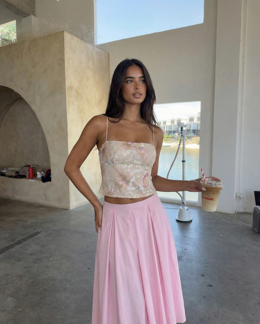 Tallulah | Elegant Pleated Midi Skirt Pink A Line Flowy