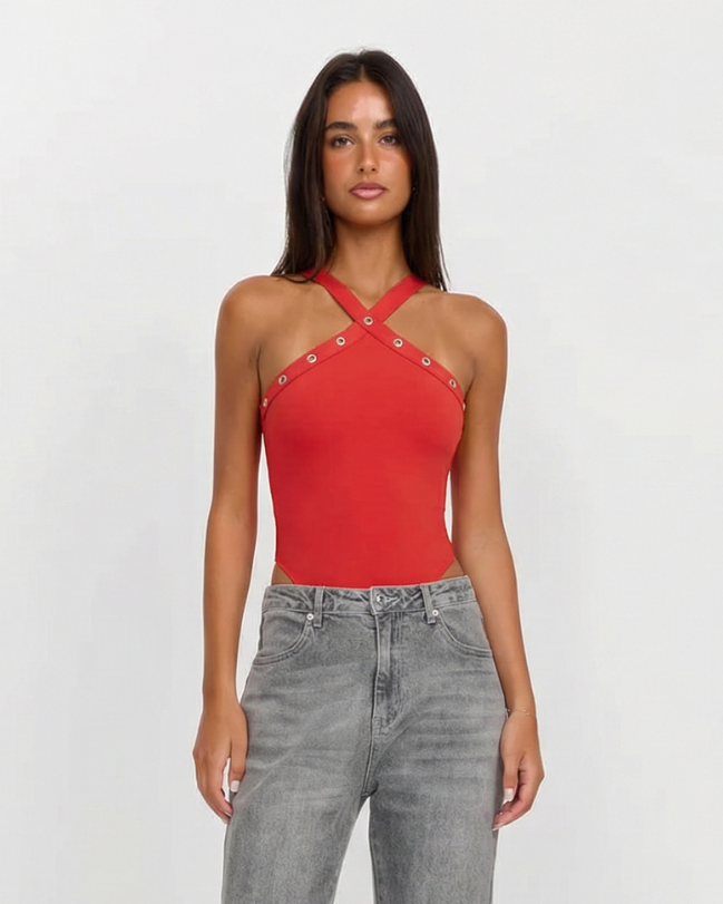 Camille | Halter Neck Bodysuit Red Rivet Detail