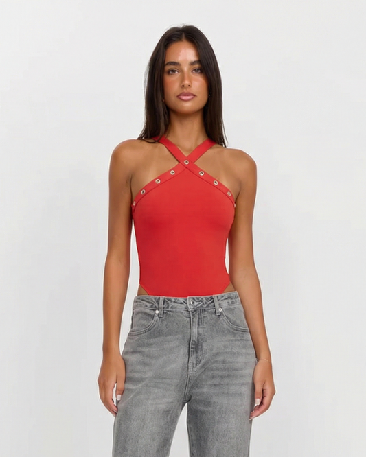 Camille | Halter Neck Bodysuit Red Rivet Detail