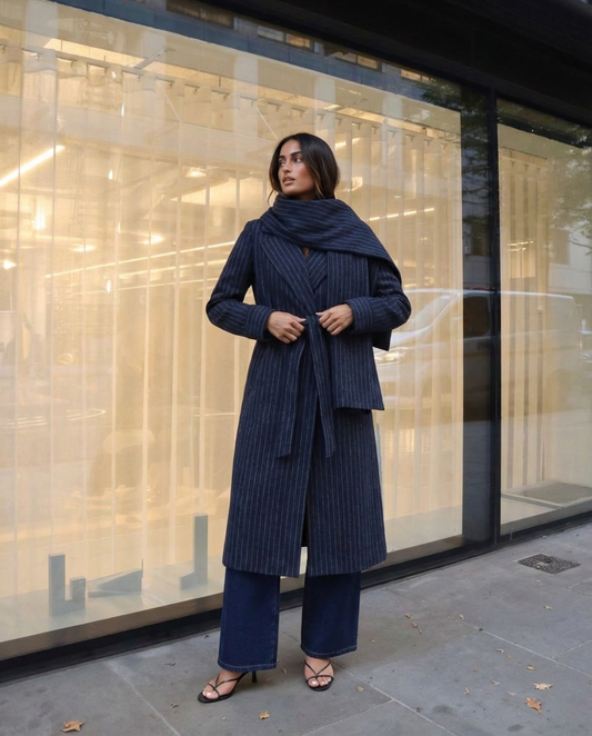 Edie | Elegant Pinstripe Tailored Coat Navy Long Belted