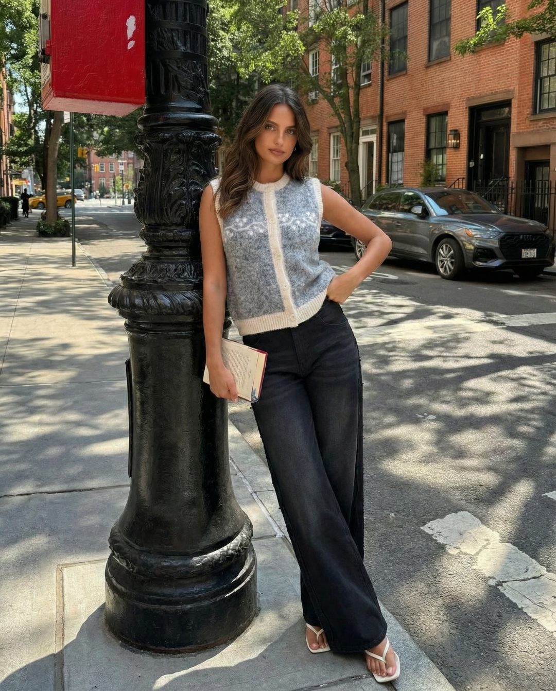 Greta | Sleeveless Cable Knit Cardigan Gray Cream Button Front