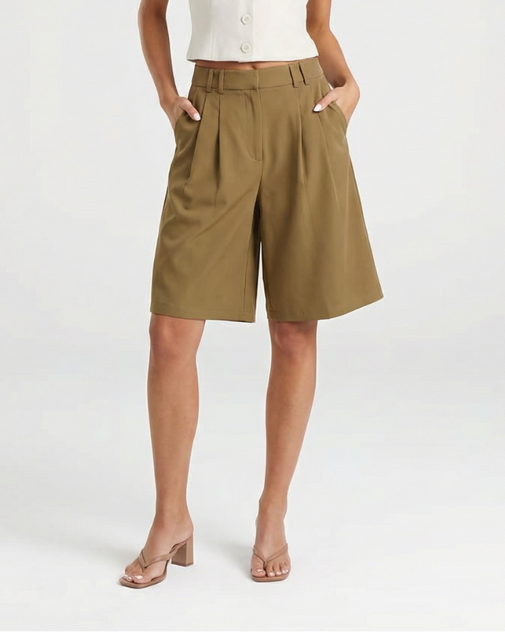Stella | Pleated Bermuda Shorts Khaki High Waisted
