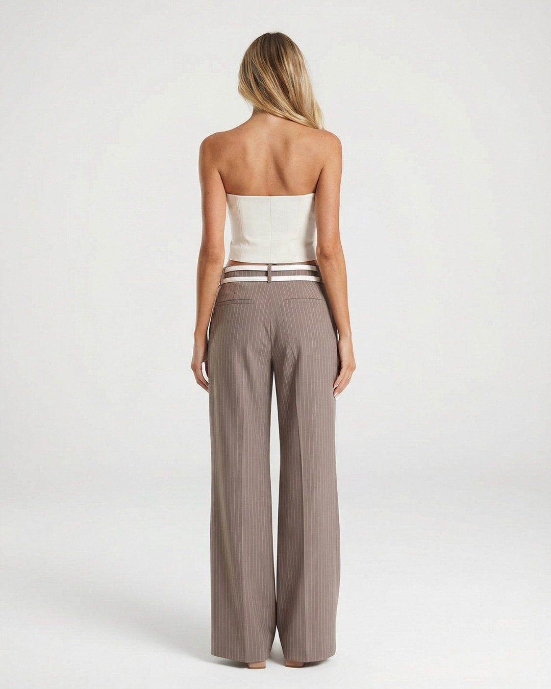 Margot | Wide Leg Tailored Pants Taupe Pinstripe Belted