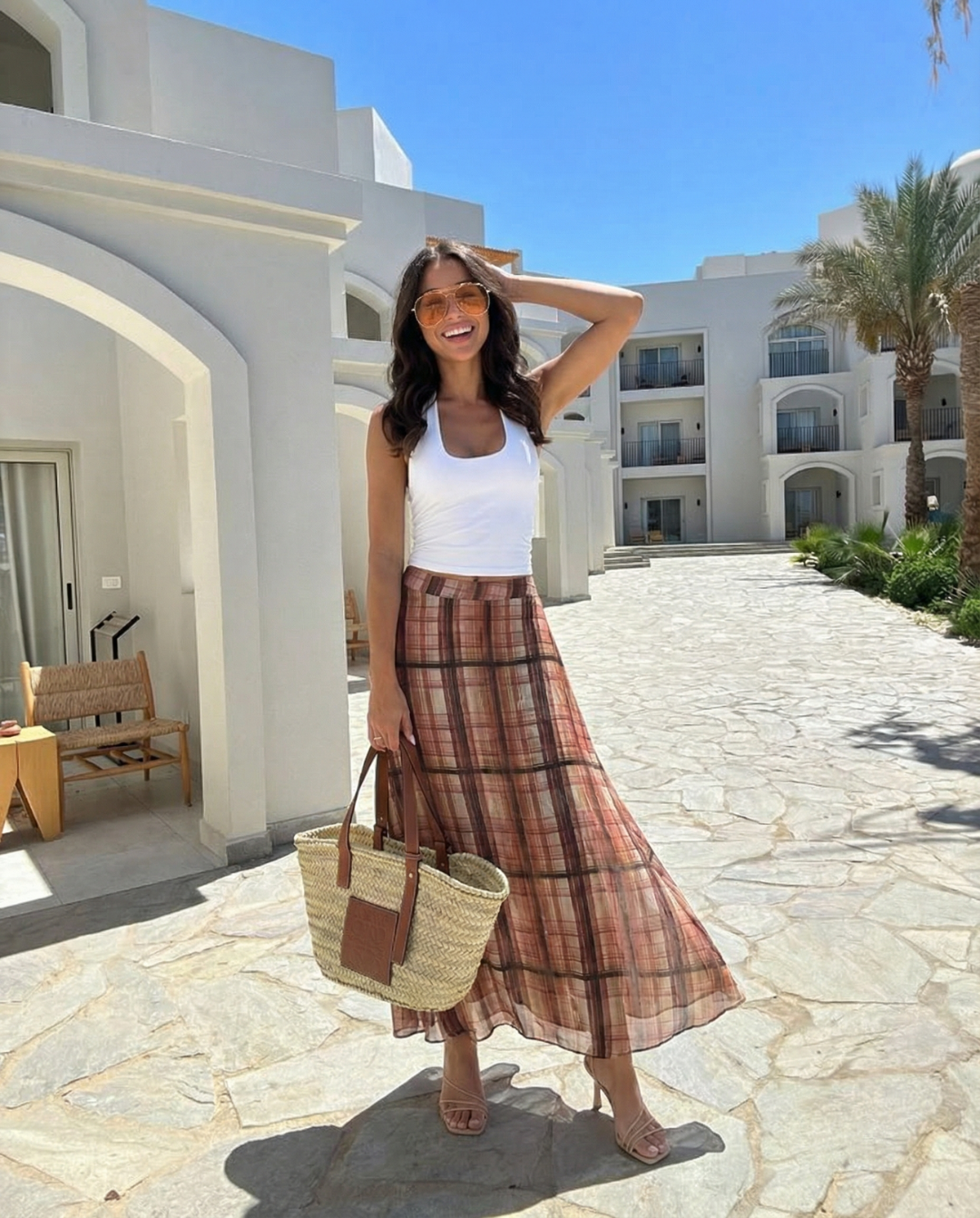 Ada | Autumn Tiered Maxi Skirt Brown Check Sheer