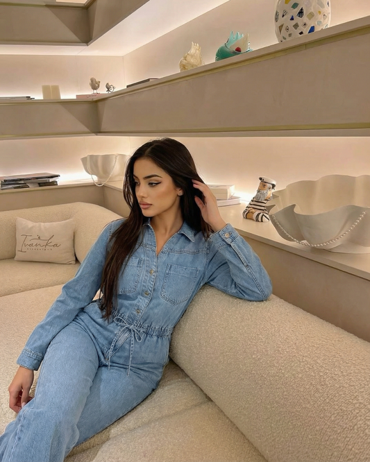 Nea | Casual Light Blue Denim Jumpsuit Long Sleeve Drawstring