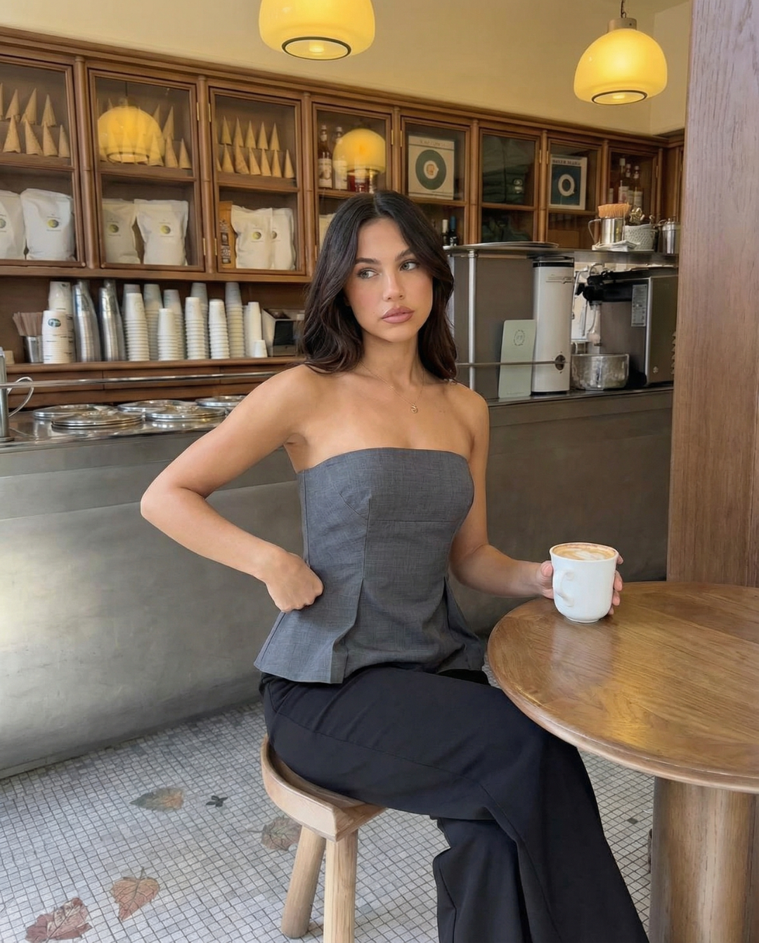 Thea | Smart Casual Peplum Top Strapless Grey Tailored Pleated