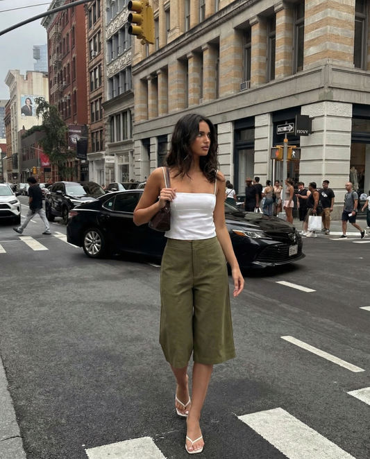 Thea | Wide Leg Culottes Olive High Waisted Tailored