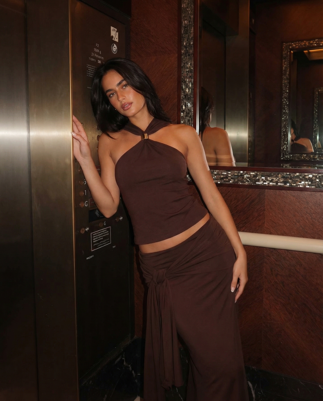 Viola | Halter Neck Top Brown Backless Ruched