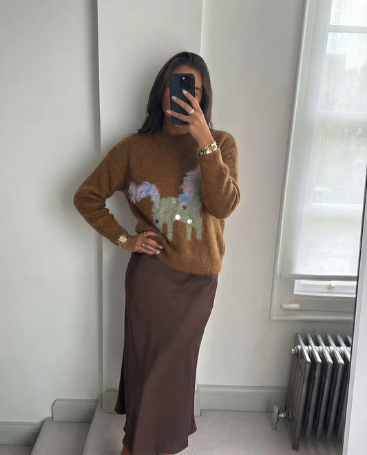 Aria | Knitted Sweater Brown Pony Print Fluffy Ears