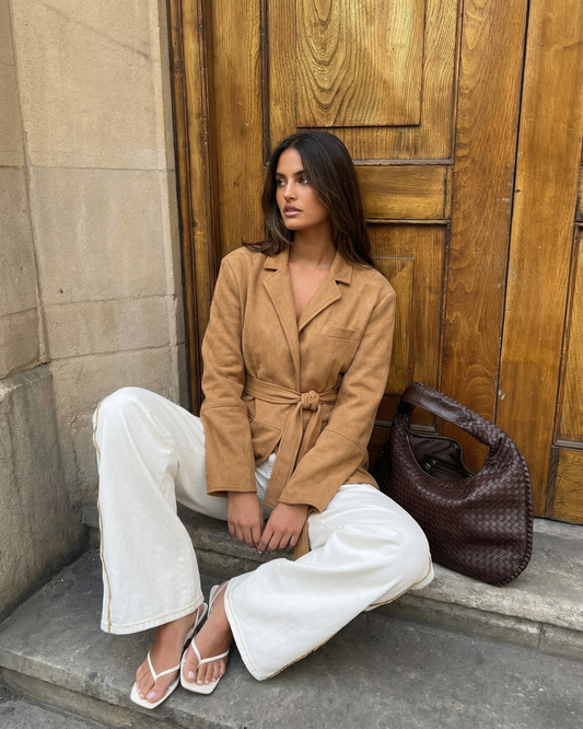 Margot | Belted Suede Blazer Tan Long Sleeve