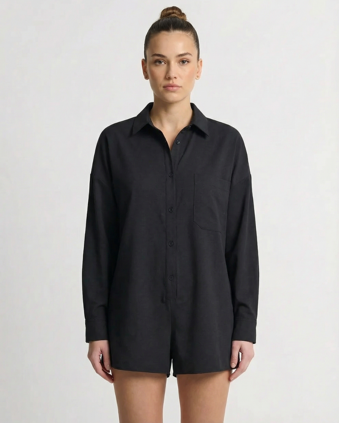 Bea | Casual Button Down Romper Black Long Sleeve