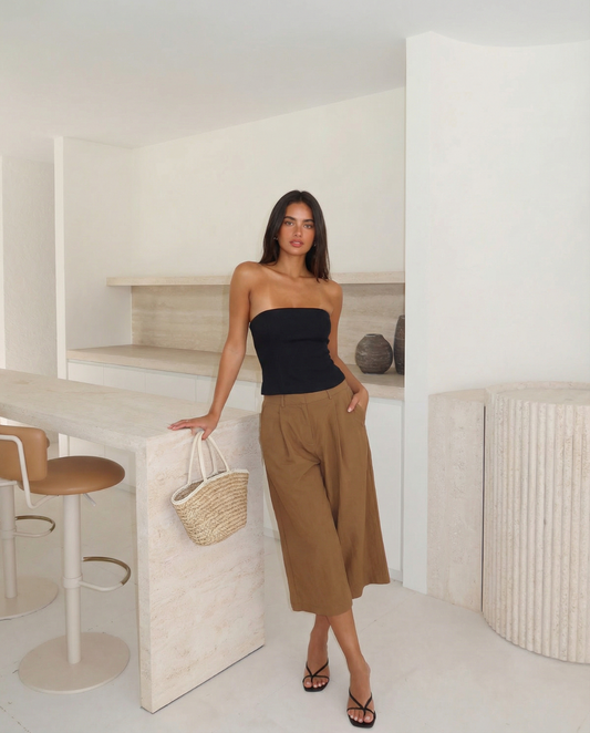 Ivy | High Waisted Wide Leg Culottes Brown Pleated Tailored