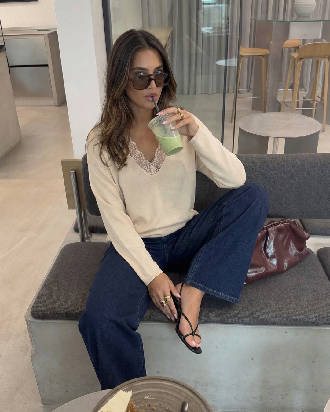 Margot | Lace V Neck Long Sleeve Blouse Cream