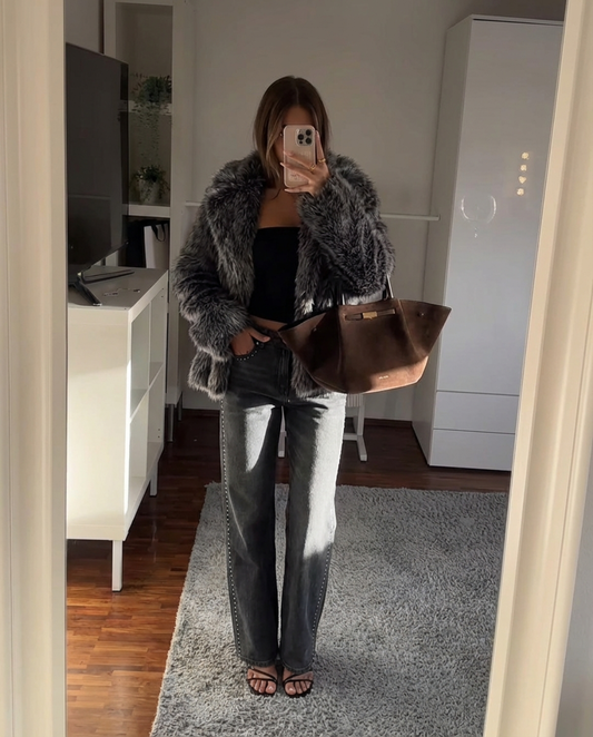 Vera | Faux Fur Jacket Gray Cropped Fluffy