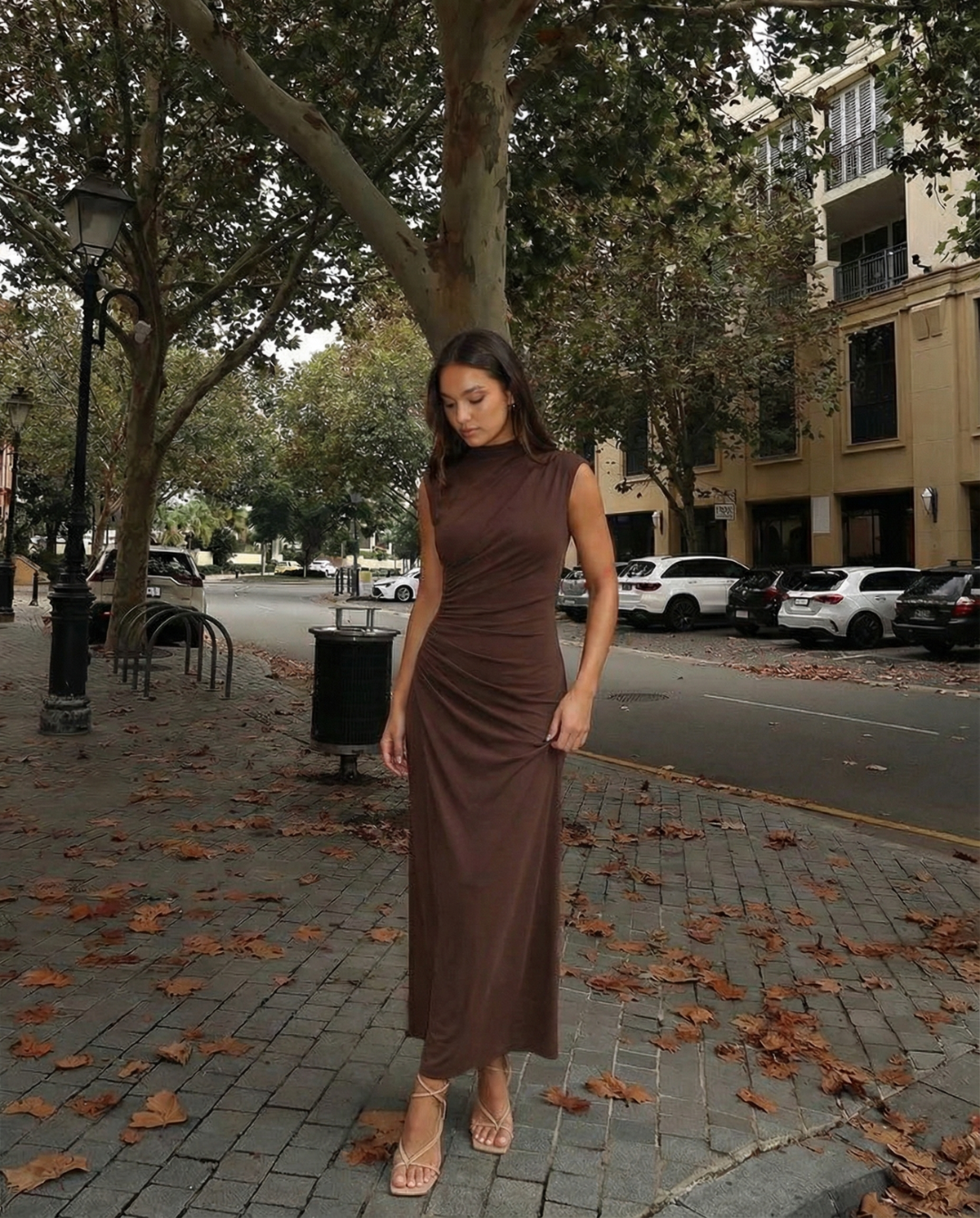 Cara | Elegant Ruched Maxi Dress Brown
