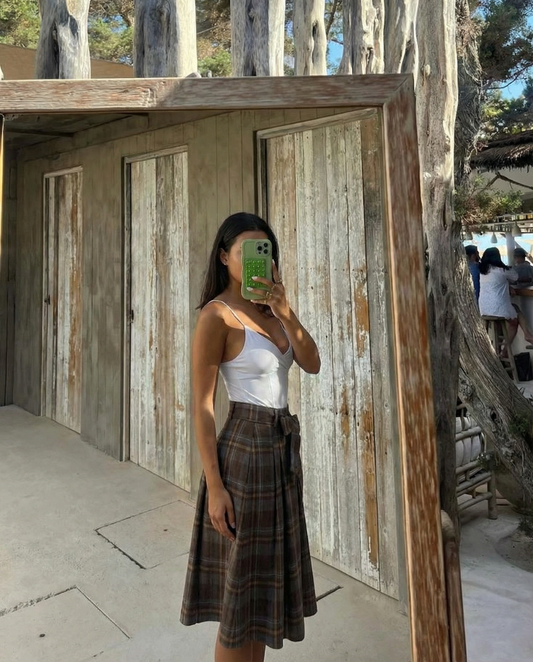 Hazel | Autumn Check Midi Skirt Brown Pleated Belted High Waisted