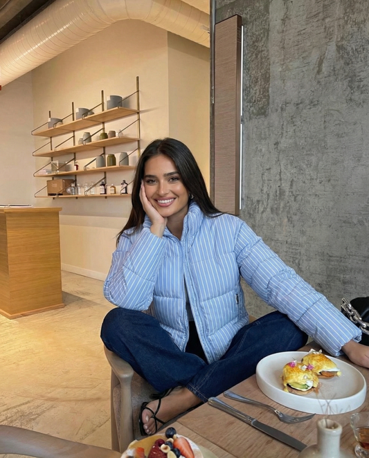 Iris | Quilted Puffer Jacket Light Blue Striped Cropped Oversized