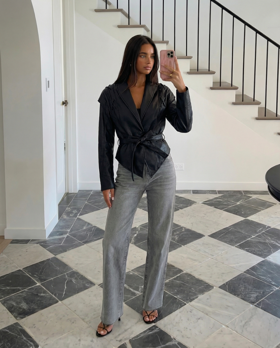 Nola | Faux Leather Jacket Black Belted Lace Up Long Sleeve