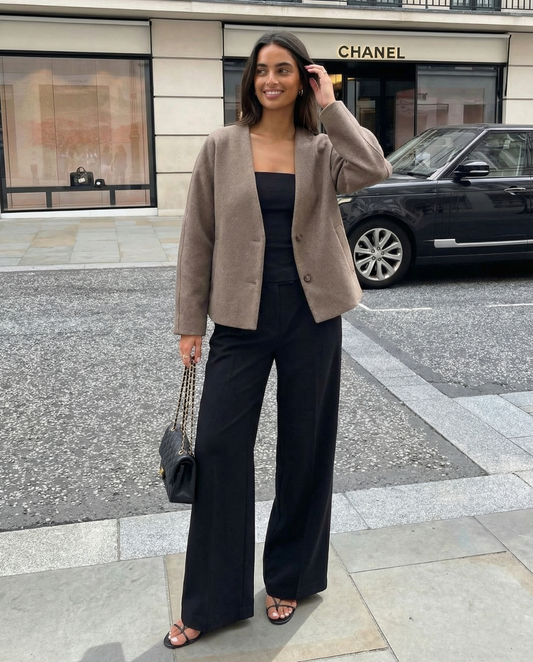 Margot | Collarless Blazer Brown Cropped Oversized