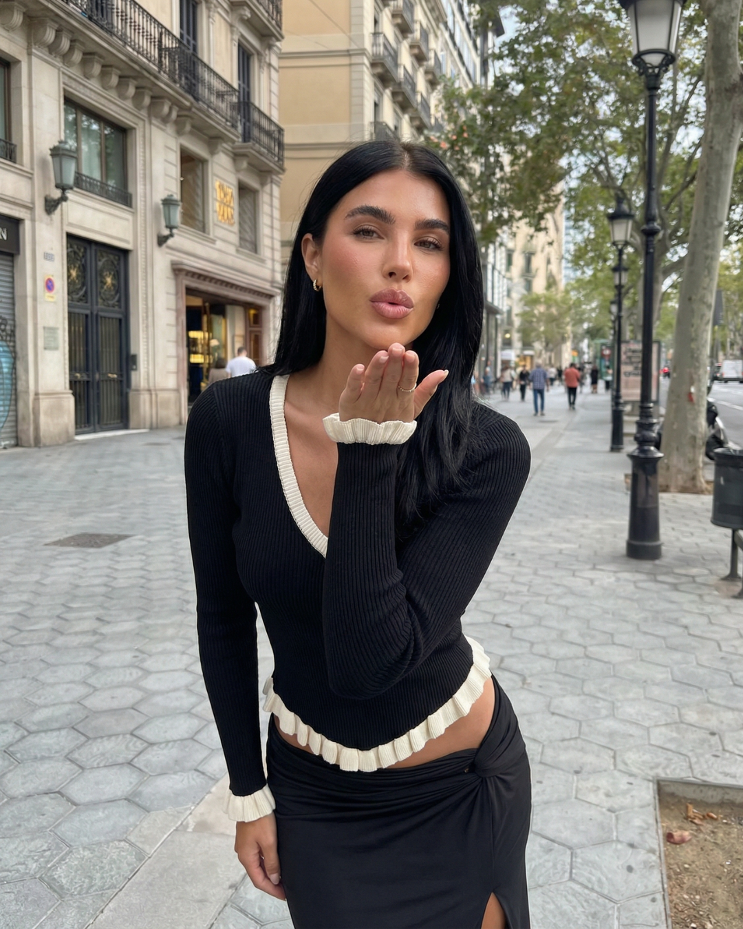 Romy | Elegant V Neck Blouse Black Long Sleeve Ruffle Trim Fitted