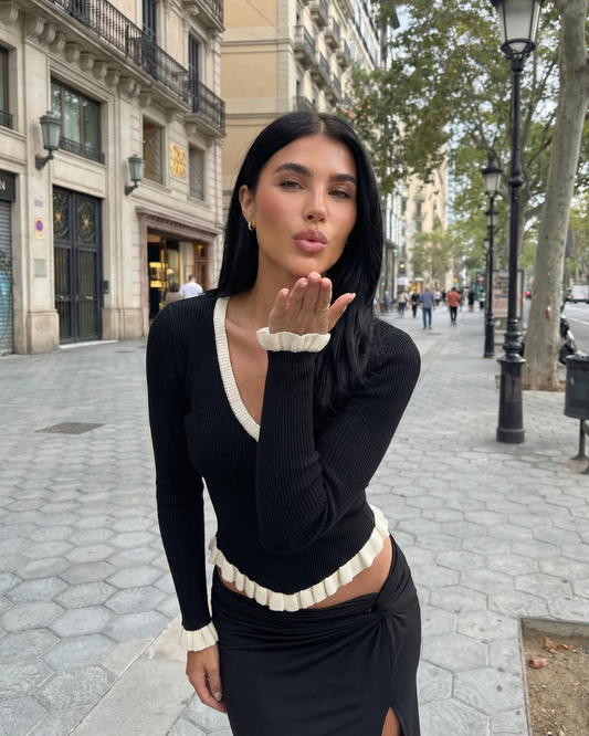 Iris | Ribbed V Neck Blouse Black Long Sleeve Ruffle Trim