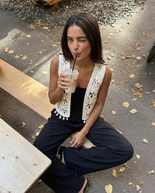 Vera | Crochet Sleeveless Cardigan Cream Tassel Open Knit