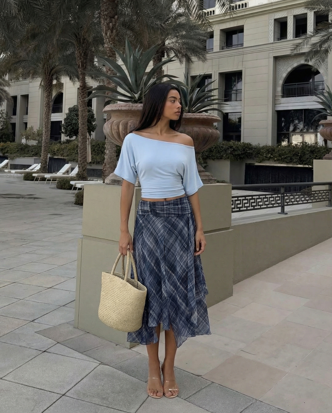 Yara | Midi Skirt Blue Check Asymmetric Hem Sheer Chiffon