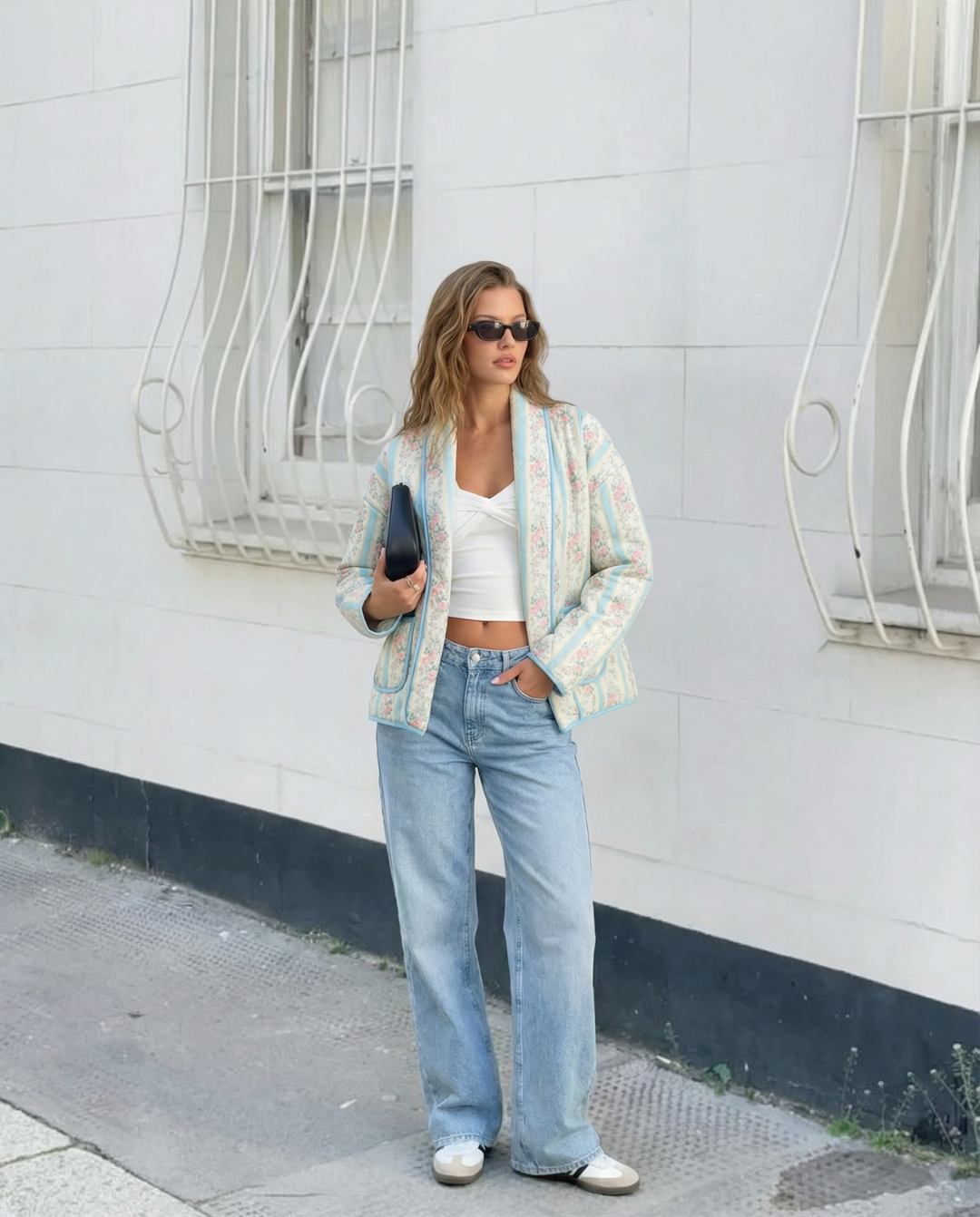 Edie | Quilted Jacket Cream Light Blue Floral Patchwork Long Sleeve