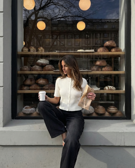 Lena | Cropped Ribbed Button Up Shirt White Short Sleeve