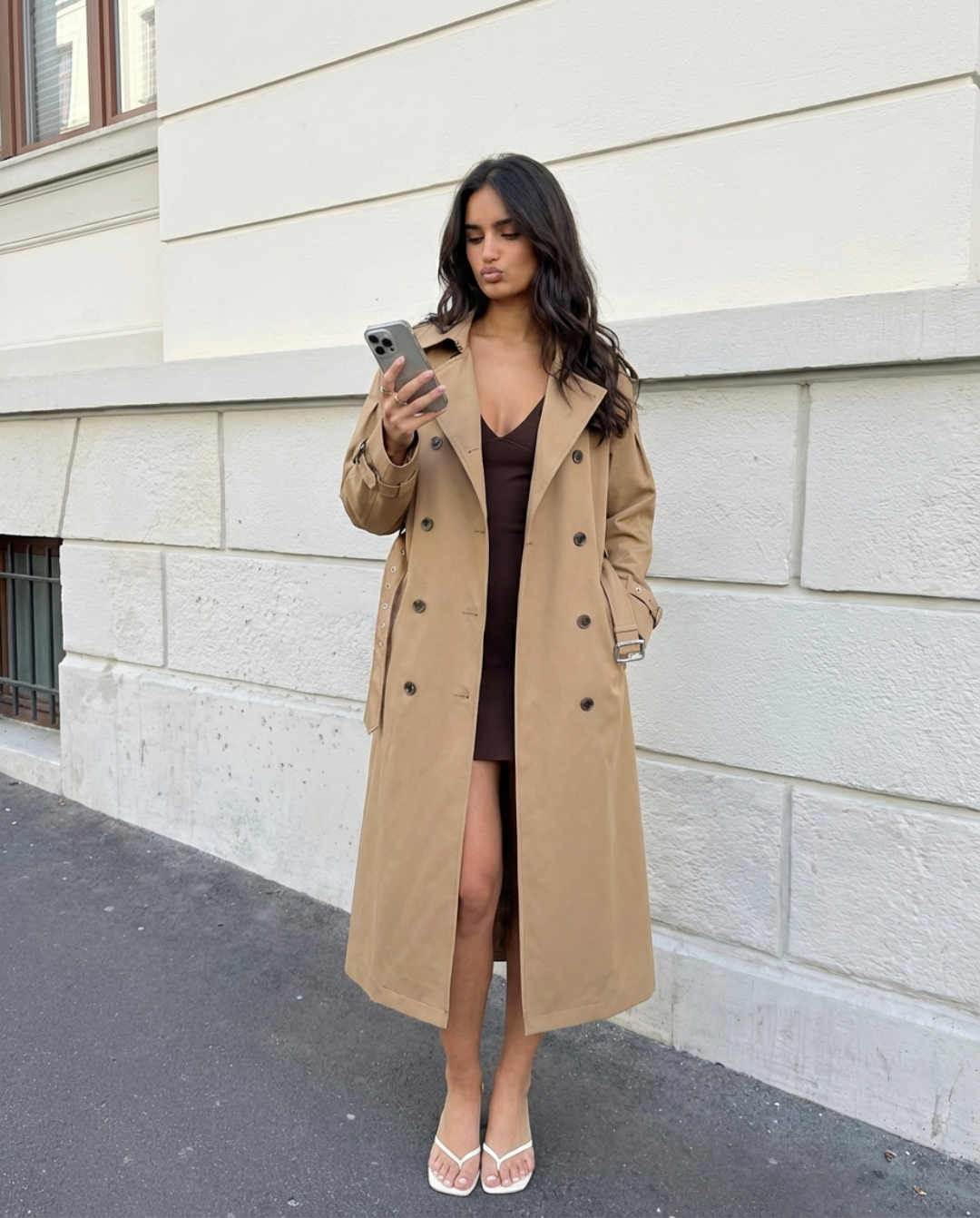 Floria | Double Breasted Trench Coat Beige Long Sleeve Belted