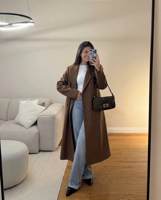 Margot | Elegant Longline Tailored Coat Brown Double Breasted