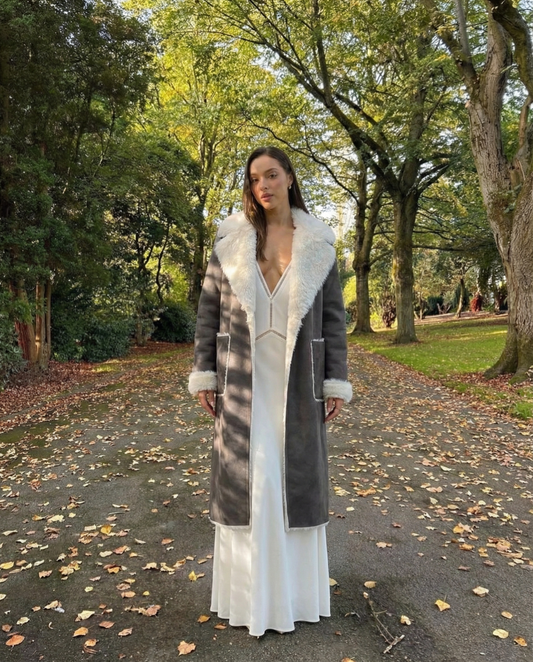 Margot | Sherpa Lined Suede Coat Gray Cream Collar