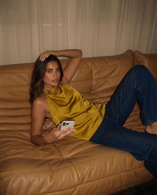 Orla | Elegant Cowl Neck Top Satin Yellow Sleeveless Halter