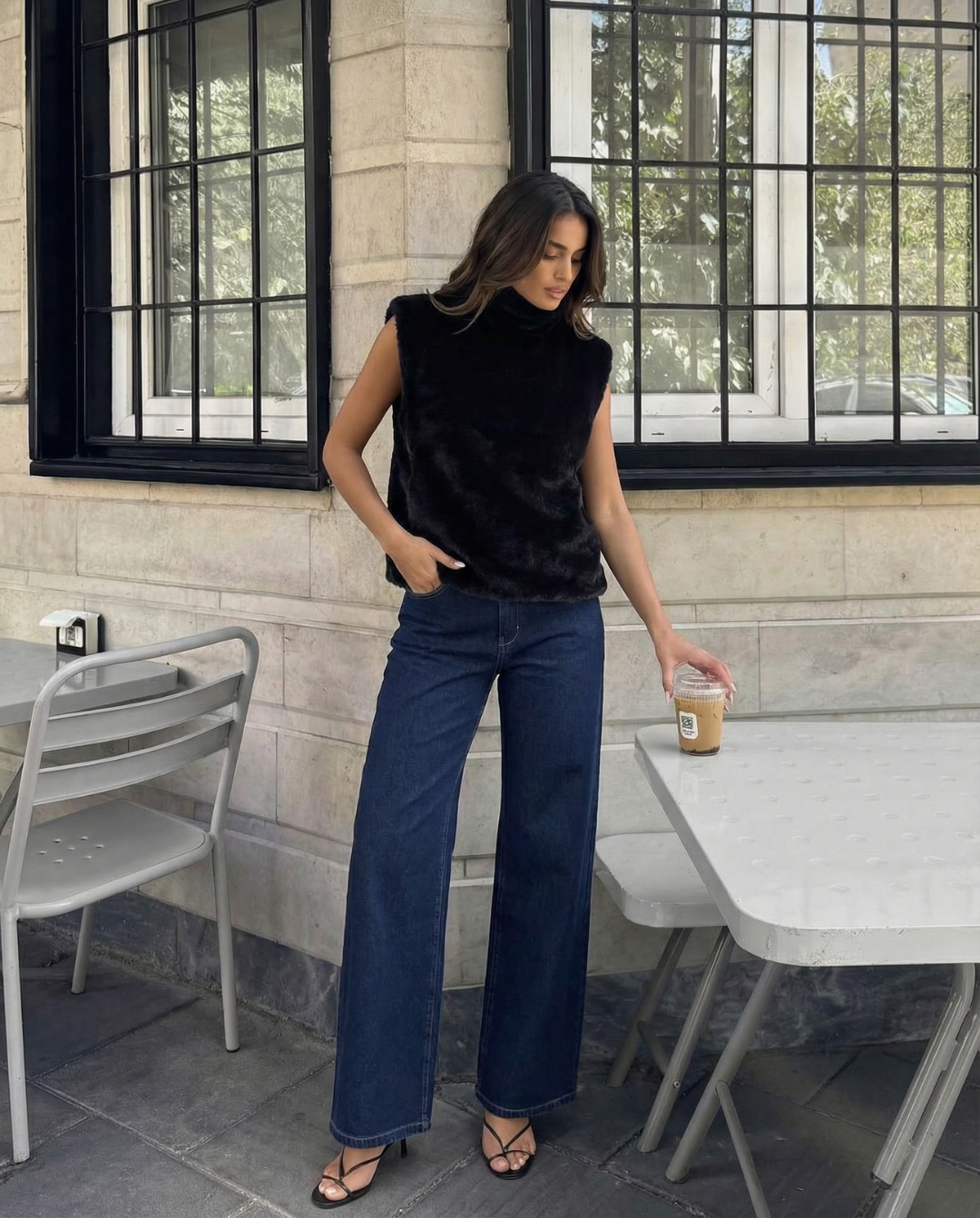 Ada | Winter Faux Fur Sleeveless Vest Black High Neck Fluffy