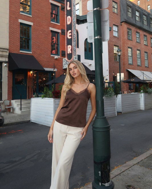 Mila | Elegant Cami Top Brown Satin Lace Trim V Neck