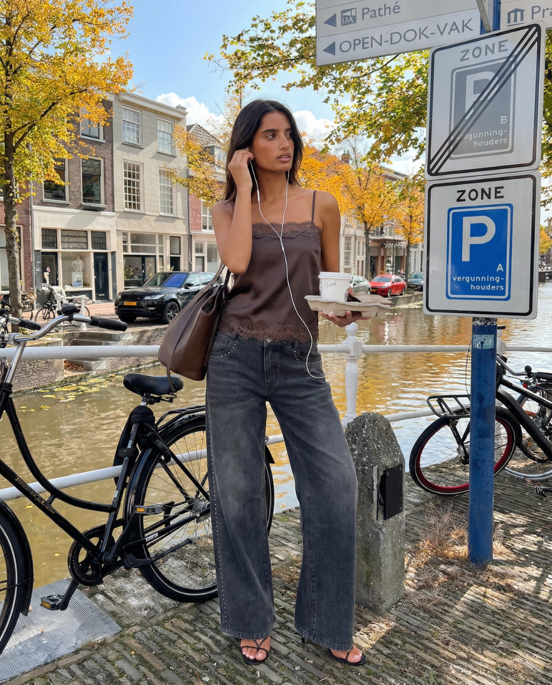 Iris | Elegant Satin Cami Top Brown Lace Trim Sleeveless