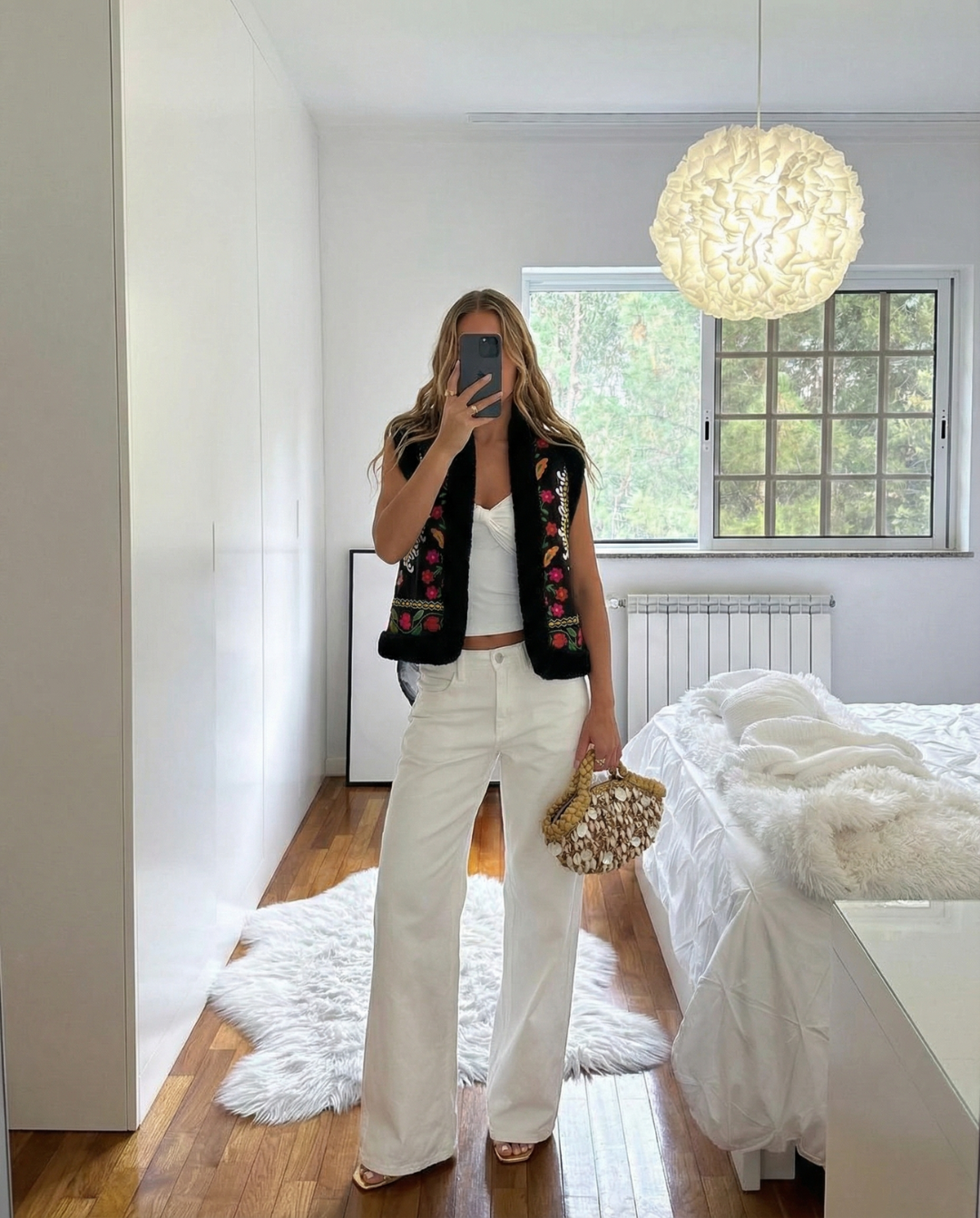 Margot | Embroidered Faux Fur Cardigan Black Floral Sleeveless