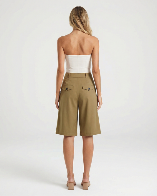 Aria | Smart Casual Tailored Shorts Khaki High Waisted Pleated Wide Leg