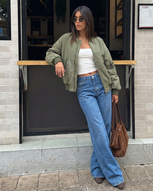 Freya | Casual Oversized Green Bomber Jacket Khaki Utility Zip Up