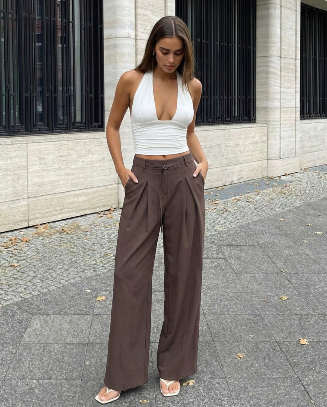 Thea | Pleated Wide Leg Trousers Brown Belted