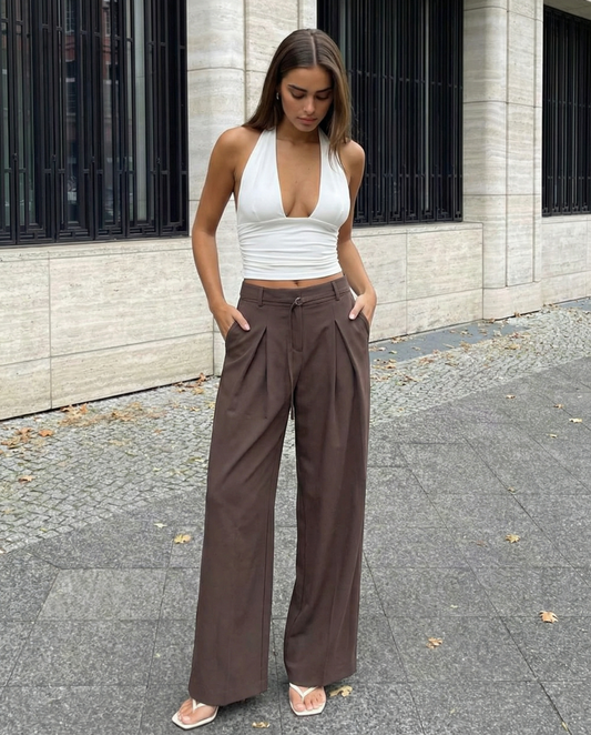 Thea | Pleated Wide Leg Trousers Brown Belted