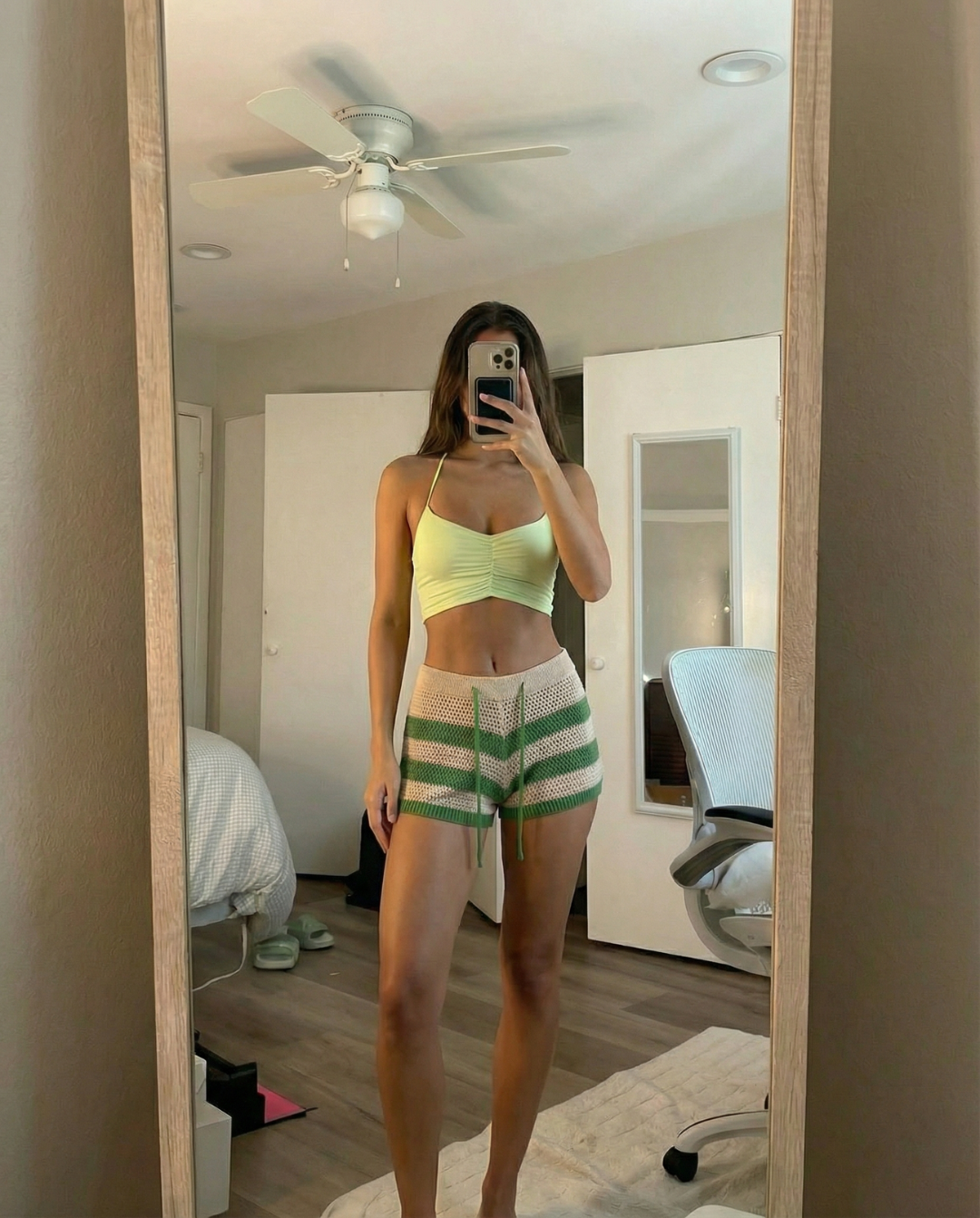 Thea | Crochet Shorts Green Cream Striped High Waisted
