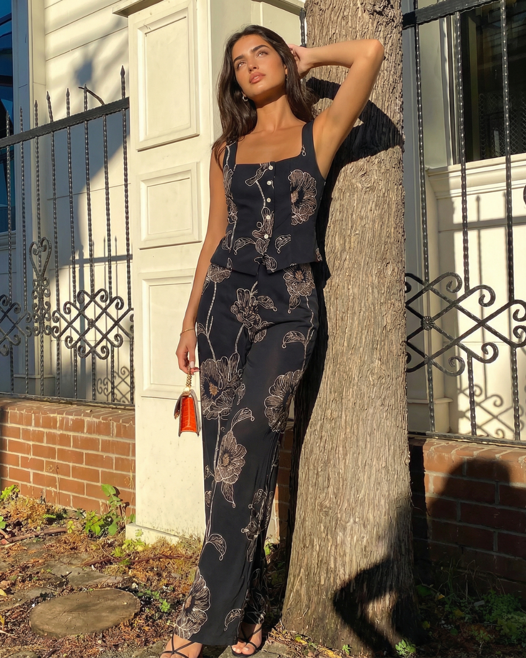 Freya | Elegant Floral Co Ord Set Black Wide Leg