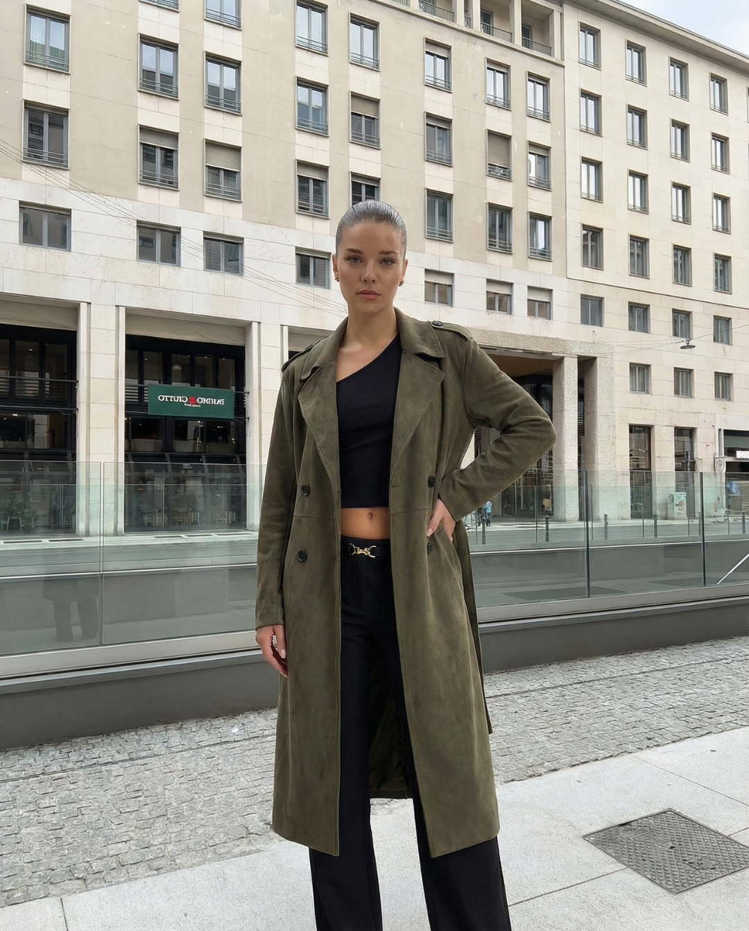 Margot | Suede Longline Trench Coat Olive Double Breasted