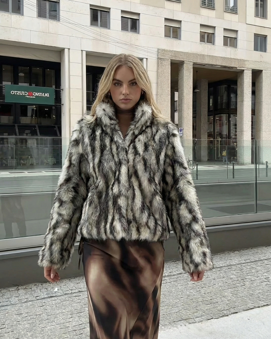 Vera | Faux Fur Coat Grey Black Leopard Print Cropped