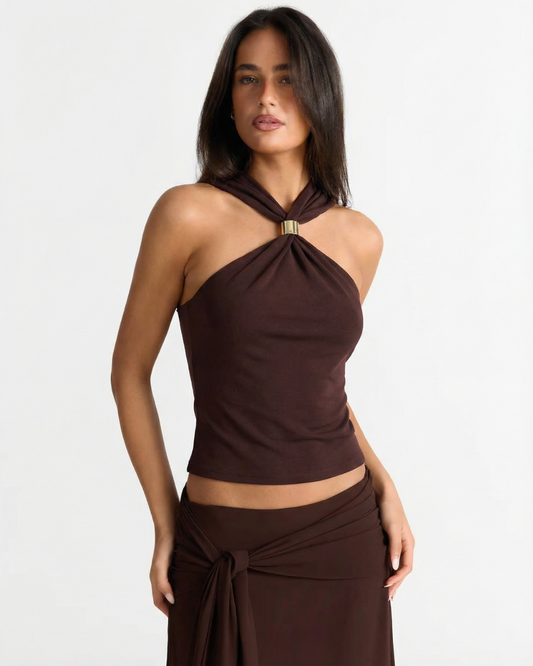 Viola | Halter Neck Top Brown Backless Ruched