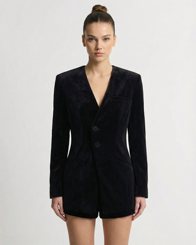 Viola | Elegant Velvet Tailored Jumpsuit Black Long Sleeve