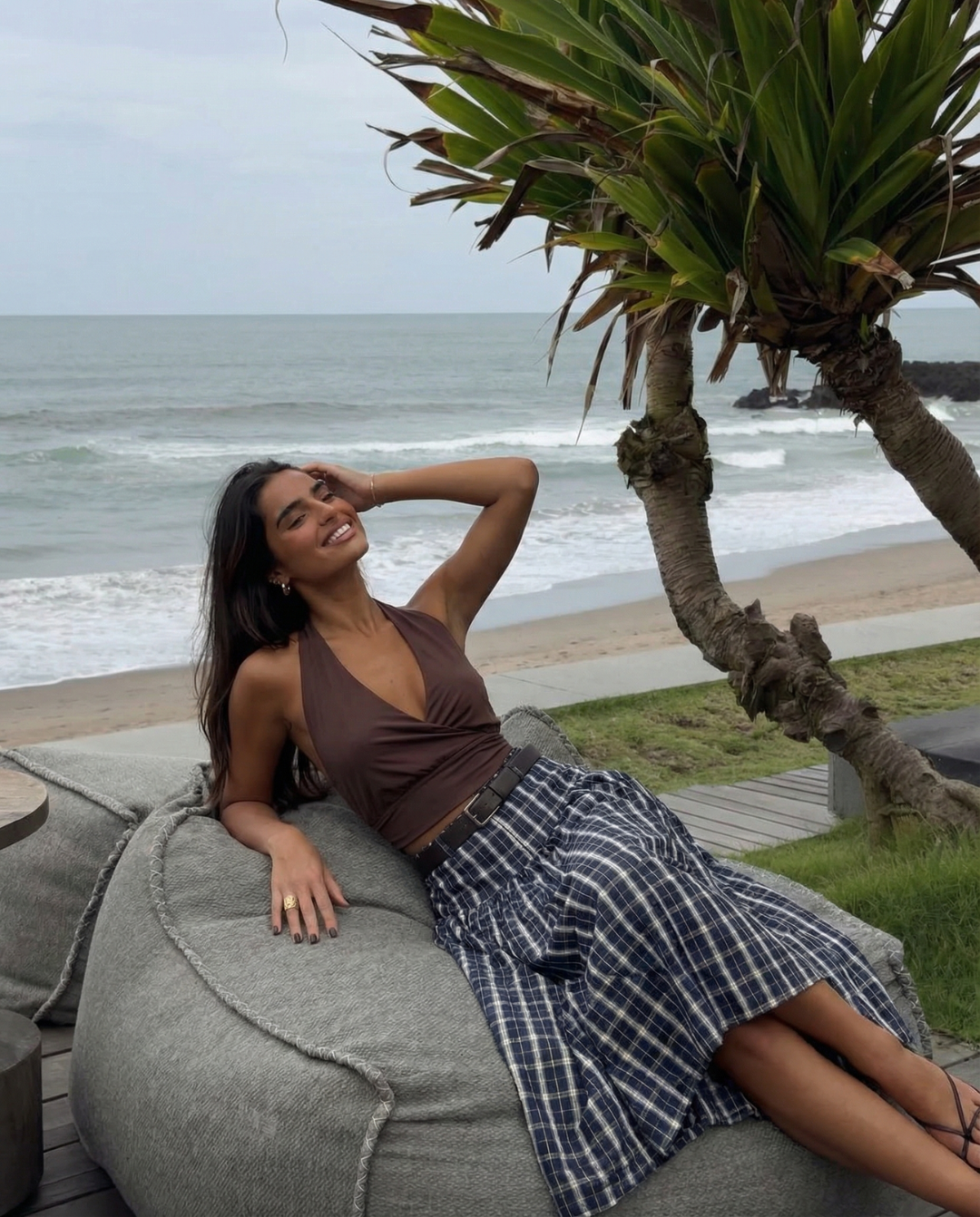 Willa | Midi Skirt Navy Check Pleated Belted Tiered A Line